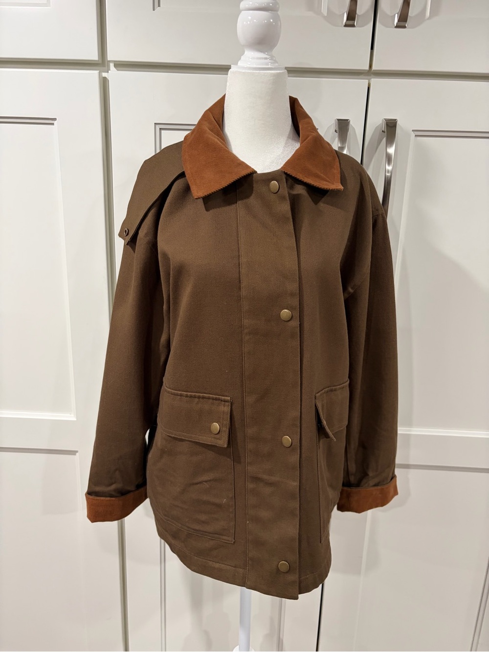 1. State Two-Tone Brown Utility Jacket with Cordoroy Collar